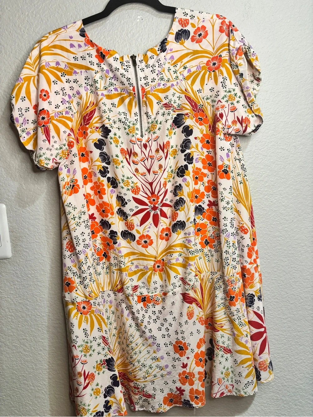 Free People Cream Floral High-Low Swing Dress with Orange and Navy Accents